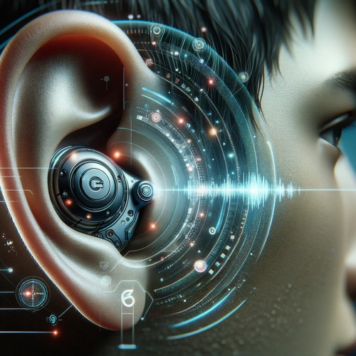 A sci-fi image of an earbud placed on an ear with sound waves coming out of it.