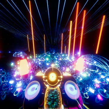 Scene from a VR music game, showing props of many blue colored drums, guitars, and disco lights from the top.